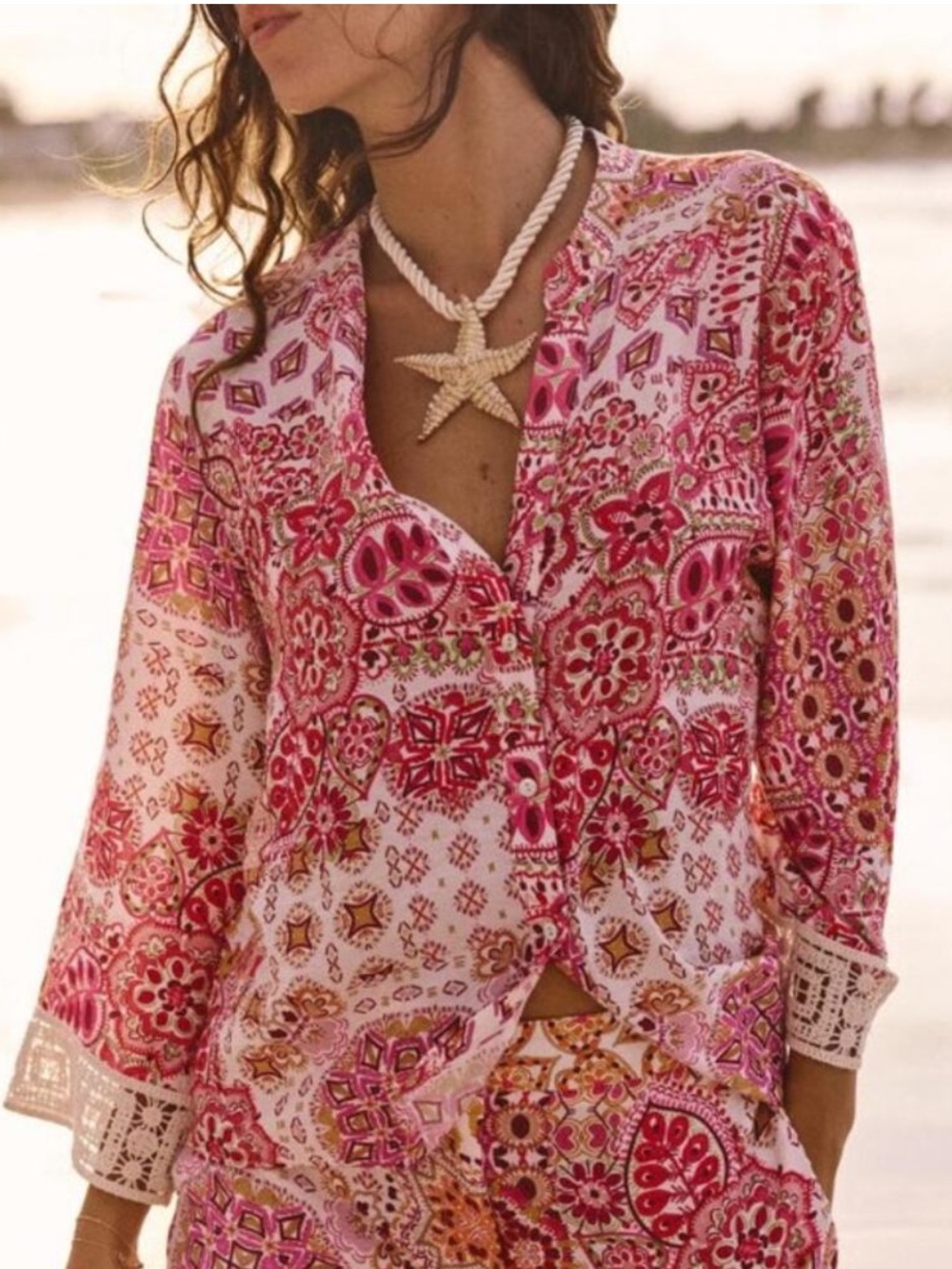 Zara Printed Crochet-Cuff Button Up Top Boho Floral Paisley Size Medium